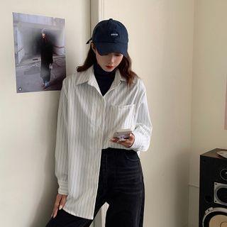 Mock-neck Plain Top / Striped Shirt