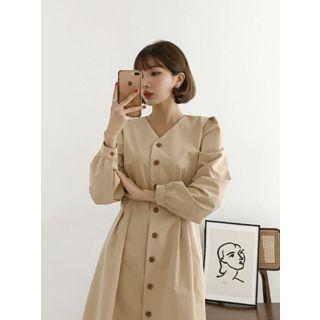 V-neck Pintuck Buttoned Dress