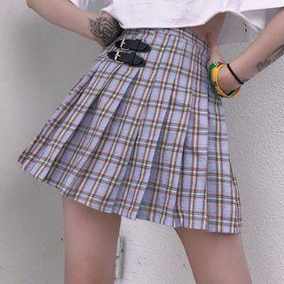 Buckled Plaid Pleated A-line Mini Skirt