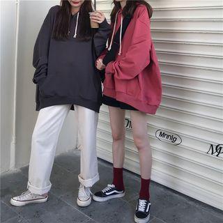 Front Pocket Plain Long-sleeve Hooded Sweatshirt