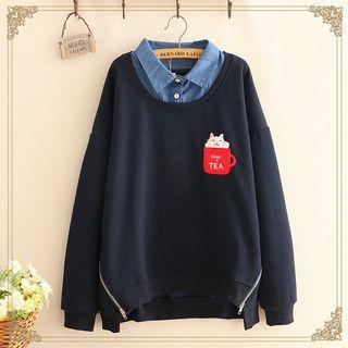 Mock-two Piece Cat Embroidered Fleece-lined Sweatshirt