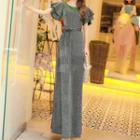 Short-sleeve Sashed Glitter Maxi A-line Dress