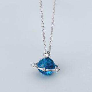 925 Sterling Silver Rhinestone Planet Pendant Necklace S925 Silver - Blue & Silver - One Size