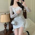 Long-sleeve Tie-front Floral Print Shrug / Mini Pencil Skirt