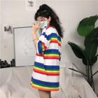 Elbow-sleeve Rainbow Striped Oversized T-shirt As Shown In Figure - One Size