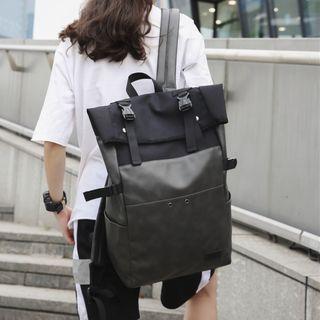 Faux Leather Paneled Buckled Strap Backpack
