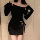 Long-sleeve Off-shoulder Bow Knit Mini Sheath Dress Black - One Size
