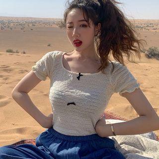 Short-sleeve Bow Top / Wide-leg Pants
