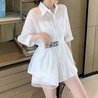 Set: Short-sleeve Lettering Sheer Shirt + Wide Leg Shorts