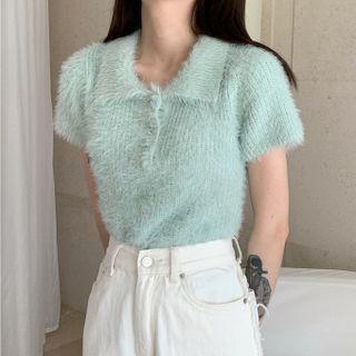 Short-sleeve Fluffy Polo Knit Top