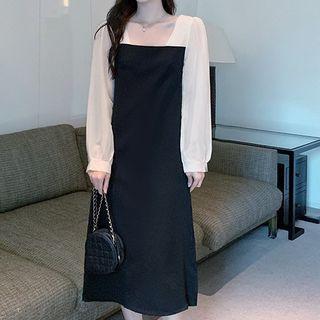 Long-sleeve Two-tone Panel Midi Dress