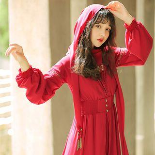 Balloon-sleeve Crochet Panel Midi A-line Dress