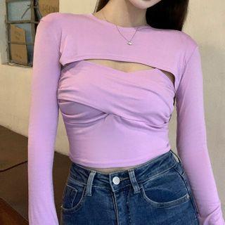 Set: Long-sleeve Crop Top + Wrap Camisole Top