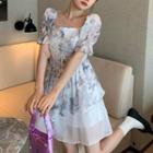 Short-sleeve Lace-up Butterfly Print Mini A-line Dress