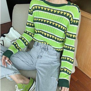 Heart Print Perforated Sweater Green - One Size