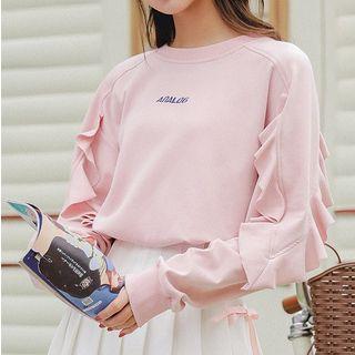 Printed Ruffle Trim Pullover Pink - One Size