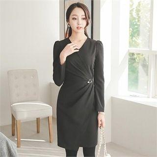 V-neck Shirred Dress With Brooch