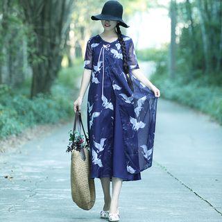 Short-sleeve Crane Print Midi Dress