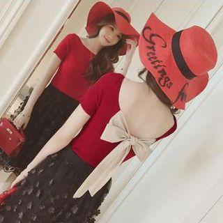 Bow Short-sleeve Crewneck Knit Top