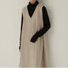 V-neck Plain Midi A-line Overall Dress Milky Almond - One Size