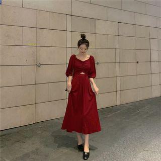 V-neck Cutout Elbow-sleeve A-line Midi Dress