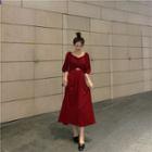 V-neck Cutout Elbow-sleeve A-line Midi Dress