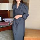 Puff-sleeve Open-collar Midi A-line Shirtdress