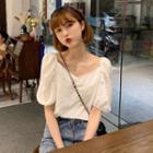 Plain Puff Sleeve V-neck Blouse