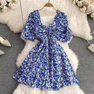 V-neck Ruched Floral Print A-line Dress