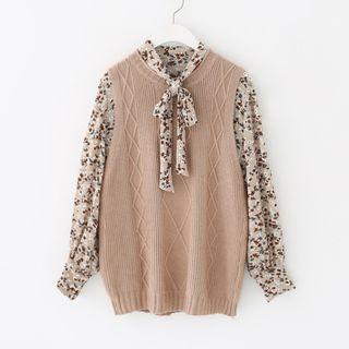 Set: Diamond Pattern Knit Vest + Floral Print Tie-neck Chiffon Blouse