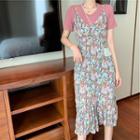 Set: Short-sleeve T-shirt + Spaghetti Strap Floral Print Mini A-line Dress
