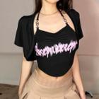 Set: Halter Neck Lettering Camisole Top + Short-sleeve Jacket