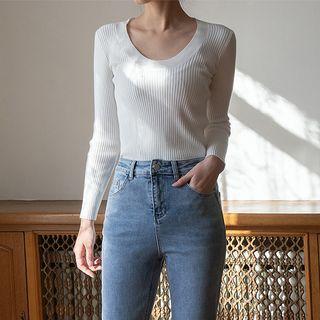 U-neck Slim-fit Ribbed Knit Top