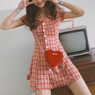 Short-sleeve Plaid Buttoned A-line Mini Dress