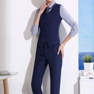 Set: Plain V-neck Vest + Dress Pants + Shirt