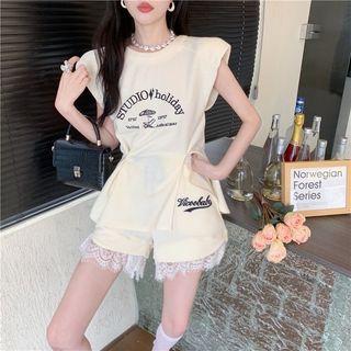 Set: Letter Embroidered Tank Top + Shorts