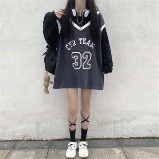 Long-sleeve Mock Two-piece Printed Top As Shown In Figure - One Size