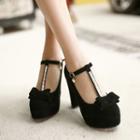Faux-suede T-strap Chunky-heel Pumps