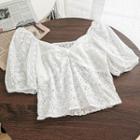 Crochet Puff-sleeve Blouse White - One Size
