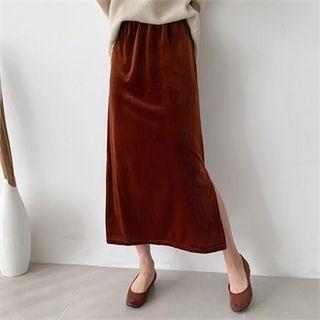 Band-waist Long Velvet Skirt