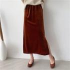 Band-waist Long Velvet Skirt