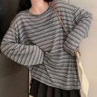 Color-block Striped Crewneck Long-sleeve Top As Shown In Figure - One Size