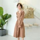 V-neck Button Tie-waist Midi A-line Dress