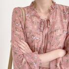 Tie-neck Ruffle-hem Floral Print Dress Pink - One Size