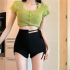 Short-sleeve Button-up Knit Top / High-waist Irregular Hot Pants