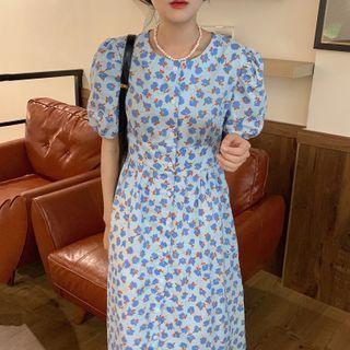 Floral Puff-sleeve Button Midi A-line Dress As Shown In Figure - One Size