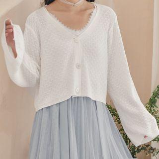 Pointelle Knit Flared-sleeve Cardigan White - One Size
