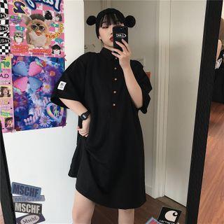 Short Sleeve Applique A-line Shirtdress Black - One Size