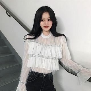 Long-sleeve Frill-trim Sequined Top