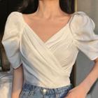 Puff-sleeve Tie-waist V-neck Blouse